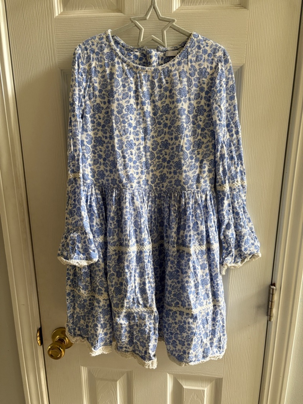 Blue Floral Lace-Trim Kids Dress
